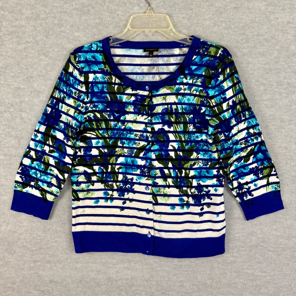 Talbots L Cardigan Sweater 3/4 Sleeve Cotton Blend Blue White Stripes Floral - Picture 2 of 8